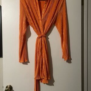 Vibrant Orange Pleated, Front Button Down Dress